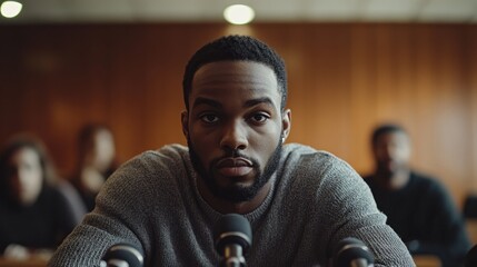 Intense focus. A man in gray speaks into a microphone, his gaze direct. Warm wood backdrop and blurred figures create a thoughtful atmosphere