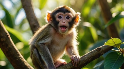 A playful monkey sitting on a branch, expressing excitement in a lush green environment.