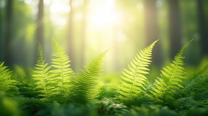 Lush Ferns Illuminated by Soft Sunlight in Forest