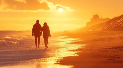 Men and wife walking along the beach in a romantic scene in front of the warm orange light of the sundown. Generative AI.