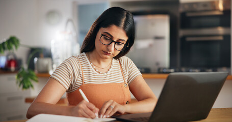 Diary, writing or woman on laptop in house for remote work, research or learning for report. Schedule, female author or creative freelancer with notebook for blog, planning ideas or publishing review