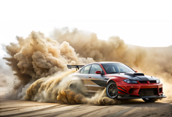 High-Performance Racing Car Drifting with Dust and Debris isolated on white background PNG. GENERATIVE AI