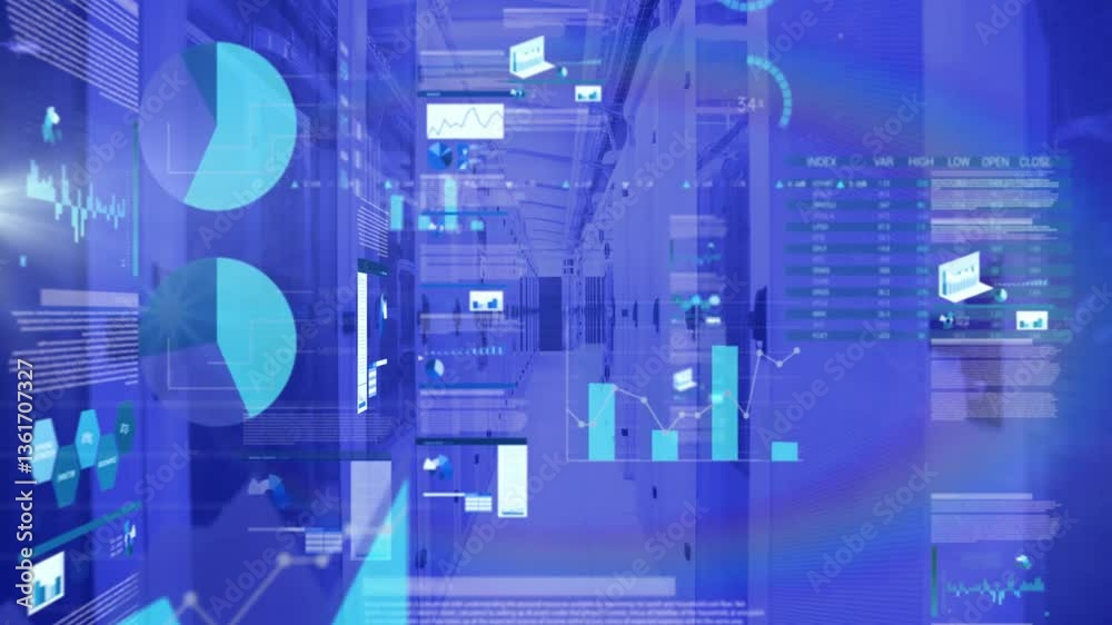 Poster animation of digital graphs and data analytics overlaying server room environment