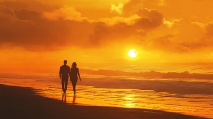 Men and wife walking along the beach in a romantic scene in front of the warm orange light of the sundown. Generative AI.