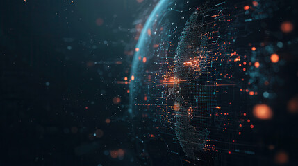 futuristic digital globe with glowing data points and network connections, symbolizing global technology and innovation