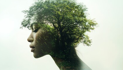 Environmental consciousness, double exposure of a woman with a tree in her head, green and earthy elements, nature preservation symbolism