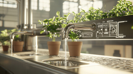 futuristic steel faucet in bright lab setting dispenses water near potted plants, blending technology and nature