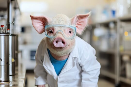 A quirky and adorable image of a piglet scientist in a lab coat and safety goggles, surrounded by lab equipment, blending humor with scientific themes.