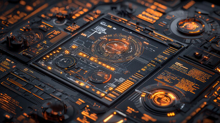 Futuristic digital interface with glowing orange elements, showcasing high tech design for data visualization