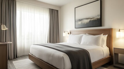 Modern hotel bedroom with large window, bright and airy. Use Stock photo