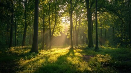 Obraz premium Sunlight streams into a forest with lush green trees and a grassy forest floor. Use this to illustrate nature, tranquility, or a peaceful, outdoor setting.