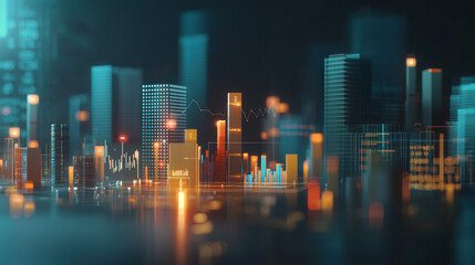 futuristic cityscape with glowing skyscrapers, data visualizations, and digital graphs, symbolizing innovation and technology