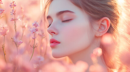 Fototapeta premium Portrait of young beautiful gentle girl in nature, fresh spring meadow flowers in morning fog and smoke. Pastel pink background
