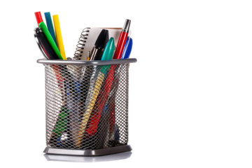  metal pencil holder with school supplies isolated on white background PNG. GENERATIVE AI