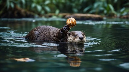 An otter swimming with a toy in its paw, surrounded by a tranquil water environment.