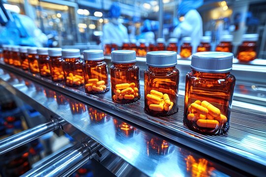 Amber medicine bottles filled with orange capsules moving on a conveyor belt in a sterile pharmaceutical factory, emphasizing quality control and automated manufacturing.