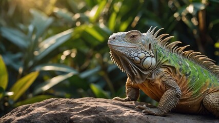 Fototapeta premium A close-up of a vibrant iguana resting on a rock amidst lush greenery.