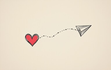 Heart and paper airplane symbolize love and connection in a minimalist design