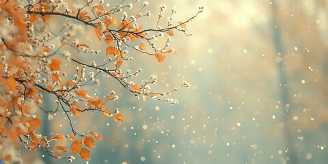 Fototapeta premium Autumn's vibrant hues: a branch ablaze with orange and white leaves against a soft, blurred background