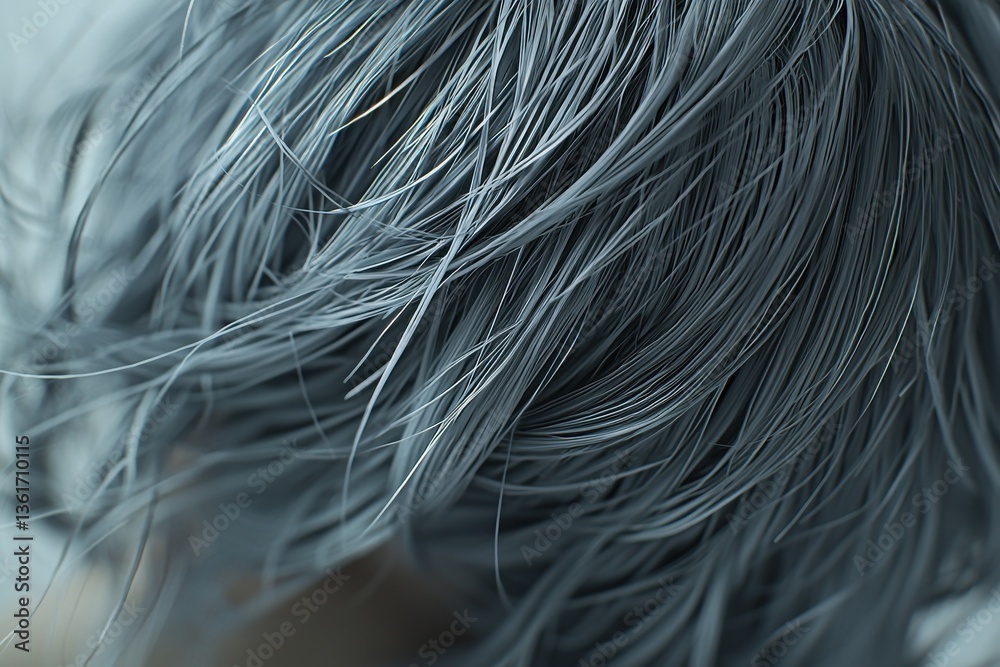 Poster abstract close-up of textured, fine blue-gray hair, creating a dynamic and flowing pattern with dept