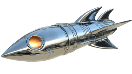 Chrome rocket ship with fins and a round orange window.