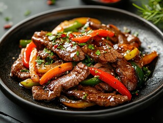 Delicious beef stir fry with colorful peppers served on dark plate