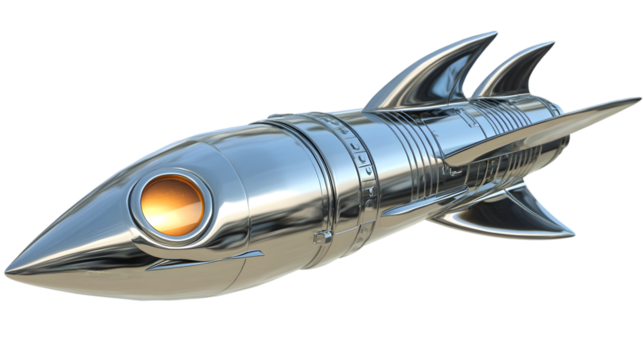 Chrome rocket ship with fins and a round orange window.