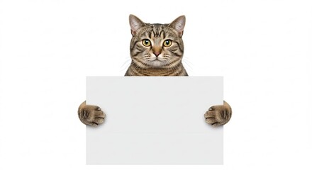 Cat with a blank sign on white background 