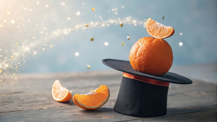 "A creative and surreal composition featuring a juicy orange balancing a magician’s hat, with tiny sparkles floating around, symbolizing a magical and whimsical concept."