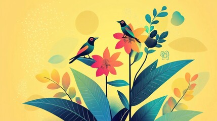 Colorful birds on floral design, vibrant art print, nature theme, aesthetic background, digital illustration