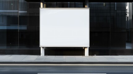 Obraz premium A blank white advertisement board affixed to the side of a contemporary urban bus stop, ideal for marketing mockups, street advertising concept, ultra-high-definition sharpness, realistic textures