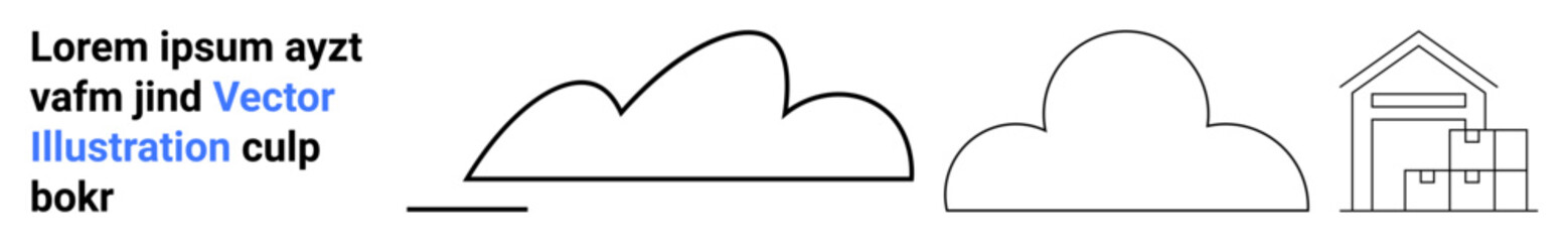 Cloud shapes and warehouse outline design promoting concepts of data storage, cloud computing, logistics, and modern infrastructure. Ideal for business, technology, logistics, commerce