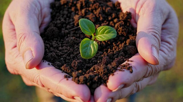 Close-up video shot of hands holding soil with a small plant, symbolizing growth and nurturing. Captured from a top-down angle, emphasizing care.