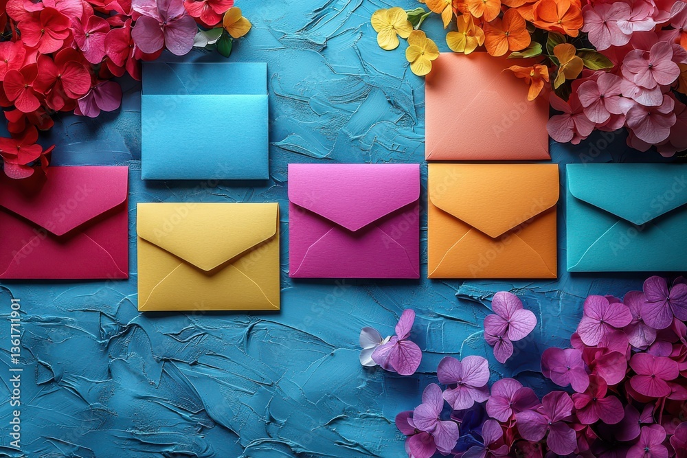 Poster colorful envelopes arranged on a vibrant blue background with flowers adding a fresh touch