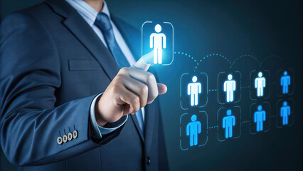 A digital illustration of a businessman selecting a glowing blue manager icon from a group of staff icons, symbolizing leadership, recruitment, and employee development.