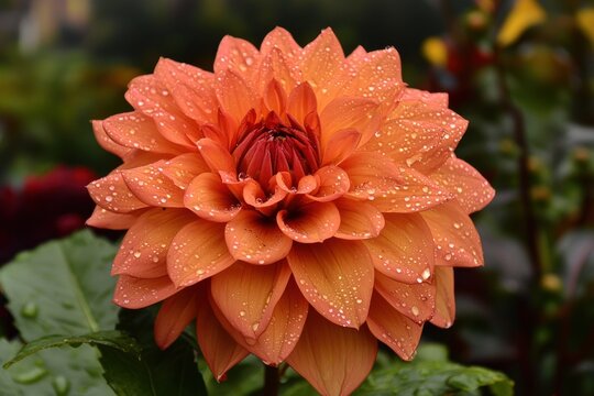 A vibrant orange dahlia flower, adorned with delicate water droplets, standing out against a blurred green background, showcasing the beauty of nature.