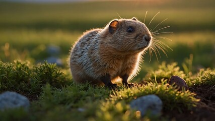 Obraz premium A small, furry animal stands on green grass, illuminated by soft sunlight.