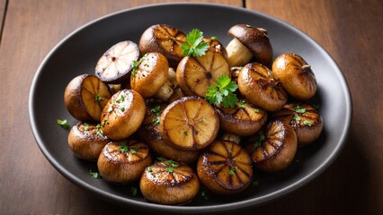 Fototapeta premium Sizzling Skillet: A Delightful Presentation of Grilled Mushrooms with Fresh Parsley on a Stylish Plate, Ready to be Savored.