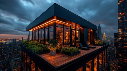Scenic rooftop with a breathtaking view of the cityscape featuring a lush garden and energy-efficient led lighting