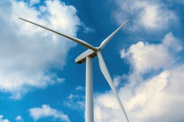 Wind power wind farm research future. Wind turbine against a blue sky with clouds.