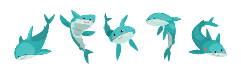 Blue Shark Toothy Animal with Fin Vector Set