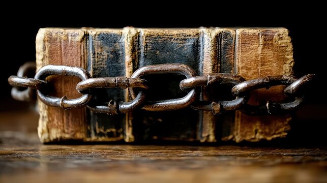 A mystical, levitating book with chains wrapped around it, containing a powerful secret locked within. 