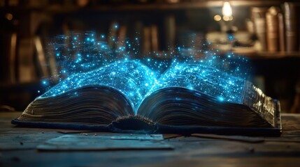 A neon cyber-book, its pages illuminated with streams of data and futuristic holograms, symbolizing the fusion of tradition and technology. 