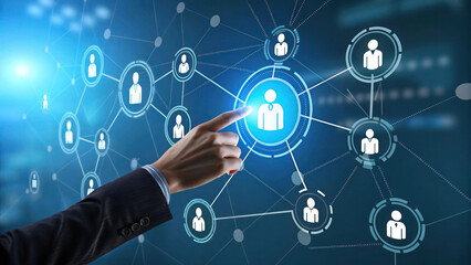 A futuristic business dashboard where a recruiter’s hand selects a glowing blue manager icon among a network of employees, symbolizing talent acquisition and leadership.