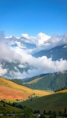 Obraz premium Misty peaks shrouded in ethereal clouds, vast serene valley, stillness, dramatic