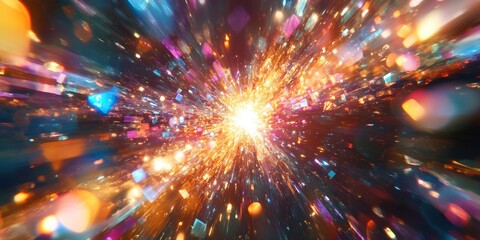 Fiery starburst explodes in a vibrant swirl of blues, greens, yellows, oranges, and reds against a deep black void