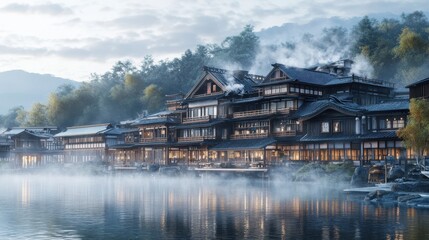 Naklejka premium Serene lakeside resort at dawn with mist rising and mountains in the background