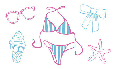 Vector summer beach whimsical illustrations in outline hand drawn style. Swimsuit, glasses, seastar, ribbon bow, ice cream colorful cliparts.
