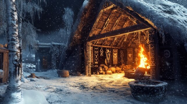 Snowy viking longhouse in winter landscape with roaring fire providing warmth