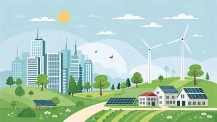 A futuristic city with zero-carbon emissions, surrounded by green energy sources like wind turbines and solar panels, promoting environmental sustainability.